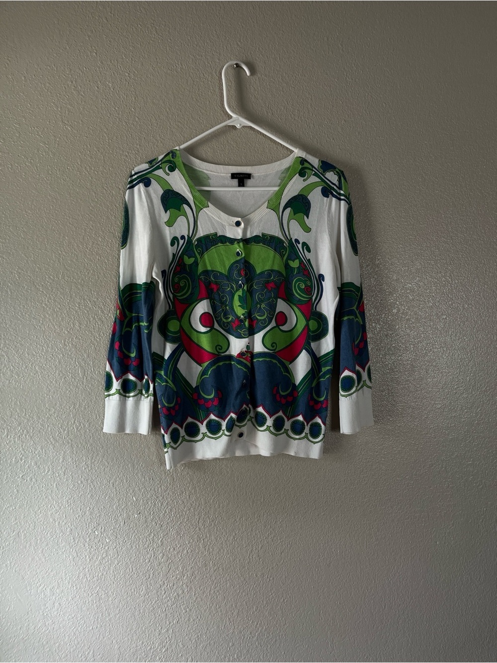 Talbots White Button-Front Top with Green and Blue Graphic Print